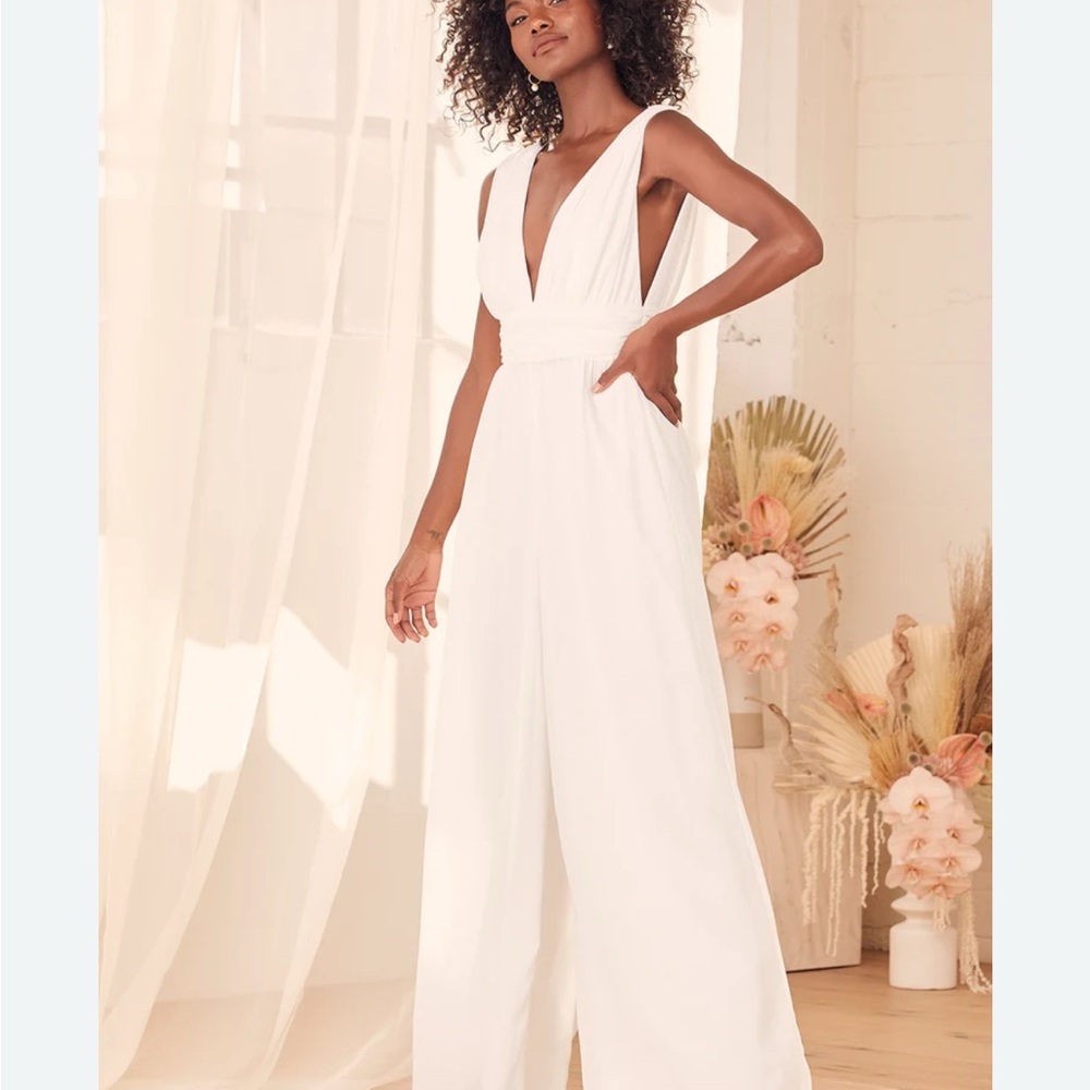 Lulu's White Wide-Leg Jumpsuit with Deep V-Neck
